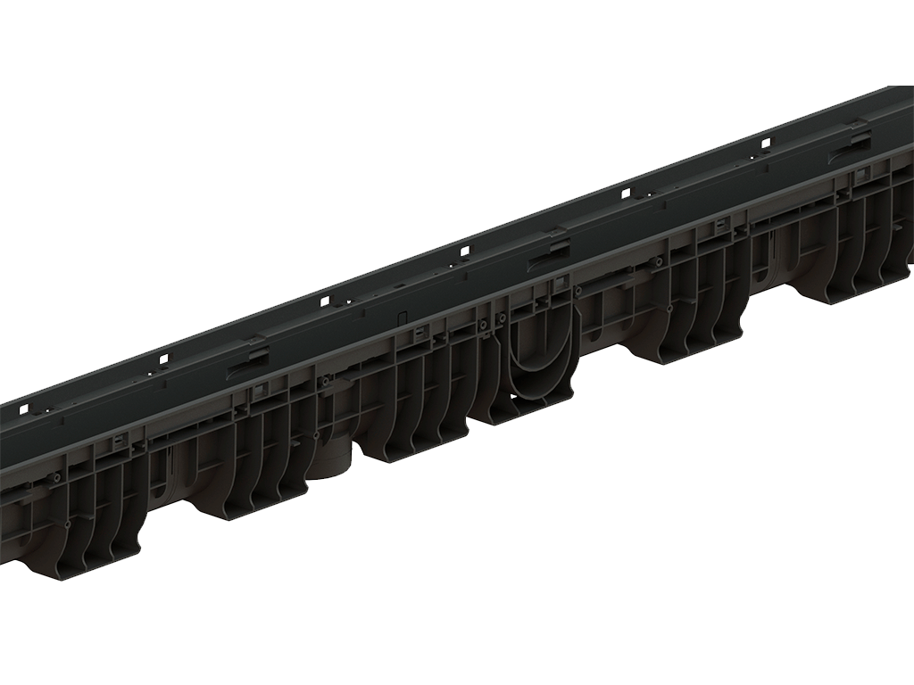 Rigolă din plastic BASE DN100 H200 cu grătare din fontă în fante clasa de sarcini C250